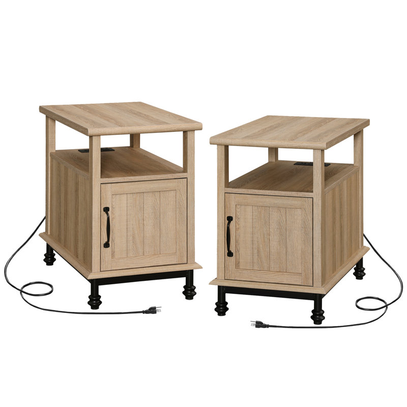 Modern End Tables With Charging Station, Set of 2, Oak/Oak