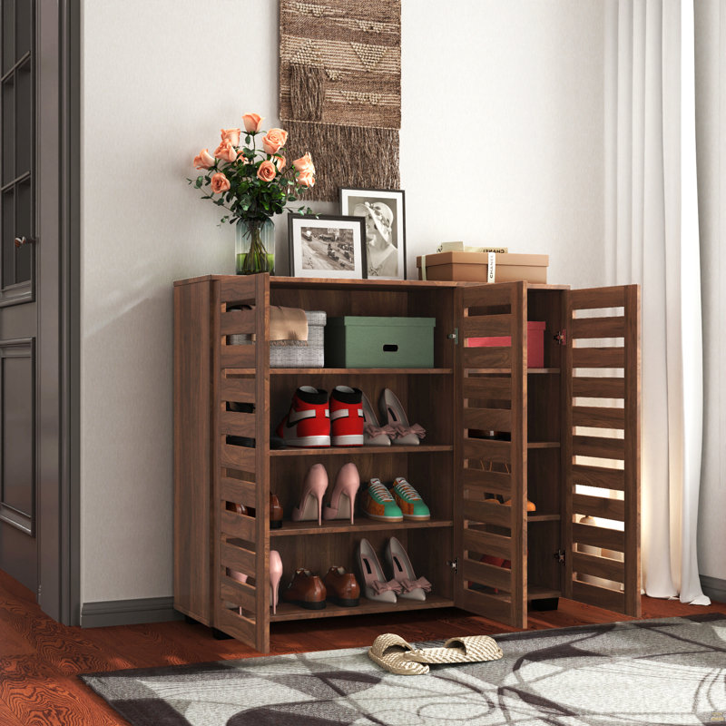 Range-chaussures, range-chaussures à 5 niveaux avec tablettes réglables, range-chaussures en bois avec portes à persiennes pour vestibule, couloir, chambre à coucher, placard, salon