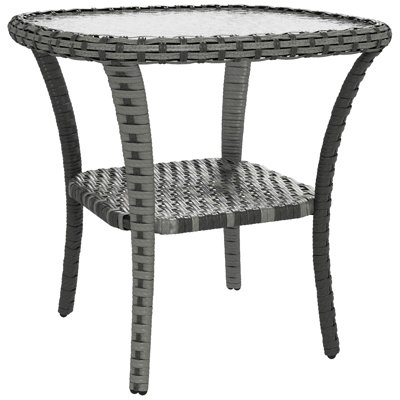 Rattan Coffee Table With Storage Shelf, Wicker Side Table With Glass Top, Outdoor End Table For Garden, Porch, Backyard, Mix Gray