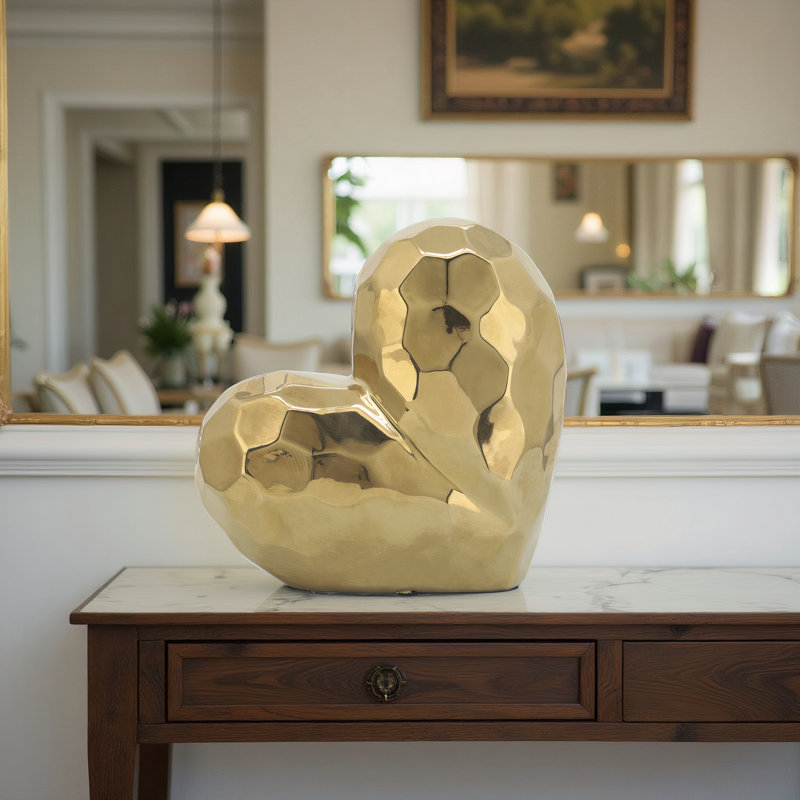 Millsap Ceramic Geometric Heart Sculpture, Gold, 8" H x 3" W x 8" D