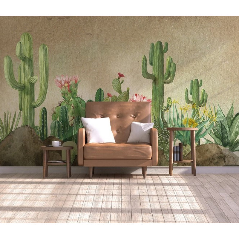 Papier peint amovible fleurs roses, fond de plantes vertes, cactus du désert, L 105,96 po x l 187 po