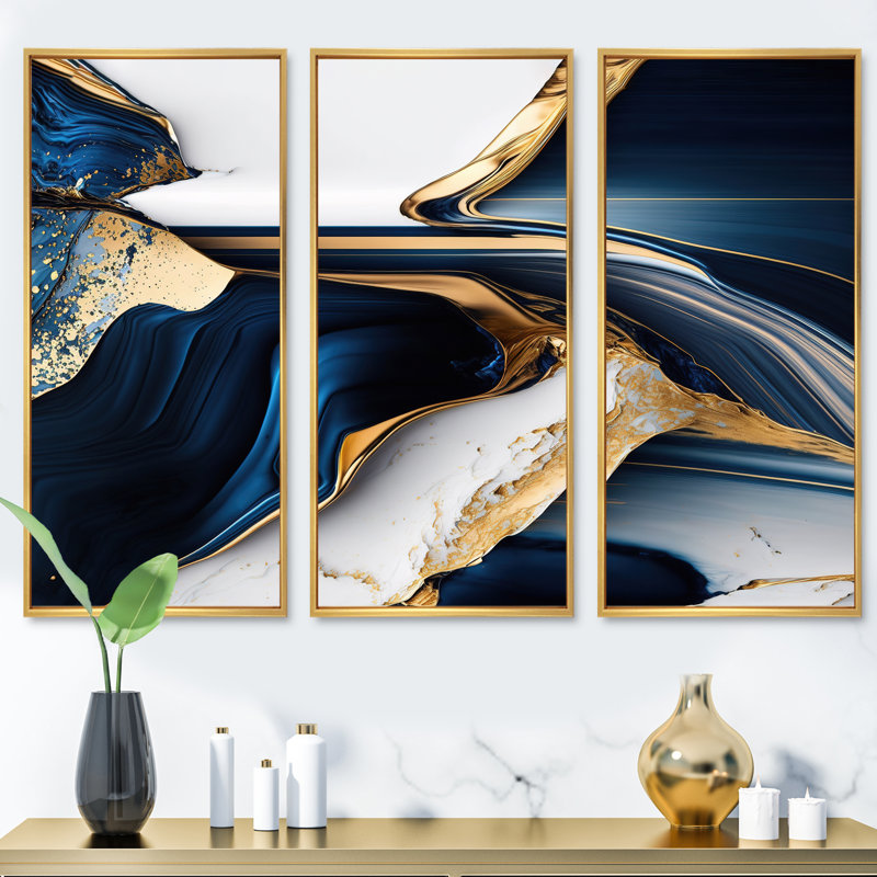 «Abstract Geode Waves Gold I», reproduction sur toile 3 pièces, H 28 po x l 36 po x P 1 po, Cadre flottant doré