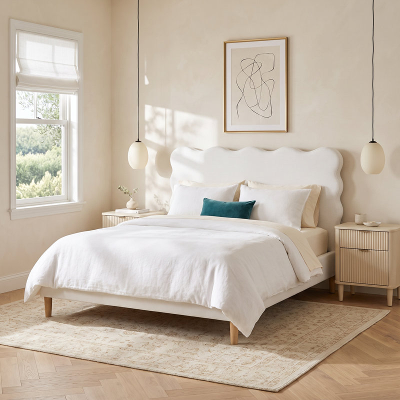Henley Upholstered Scalloped Bed, Antique White, Queen