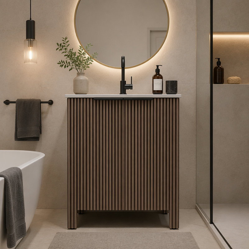Armoire de salle de bain brune sur pied, avec lavabo en céramique blanche, installation en 1 minute, pliable et facile à transporter