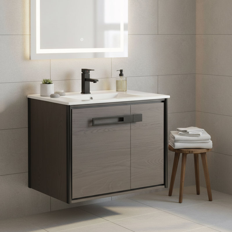 Meuble-lavabo simple l 30 po x P 18,31 po x H 23,25 po, Chêne noir charbon, Noir mat