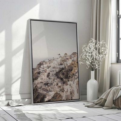Santorini's Serene Cliffs Rolled Canvas Print