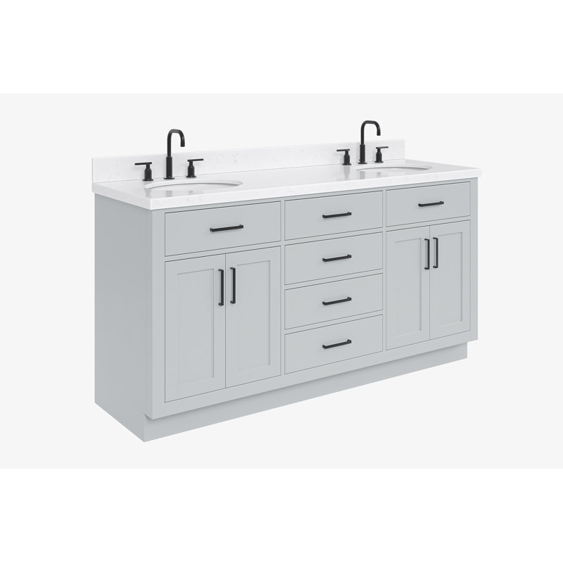 Thornaby 66'' Solid Wood Double Bathroom Vanity with 1.5'' Carrara Quartz Top, Gray / Matte Black, Oval