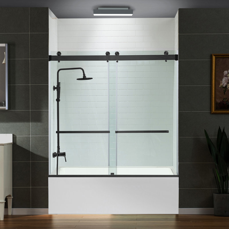 Frameless Bathtub Shower Doors 56-60" Width X 66" Height With 5/16"(8Mm) Clear Tempered Glass,  Double Sliding With Side Seal Strips