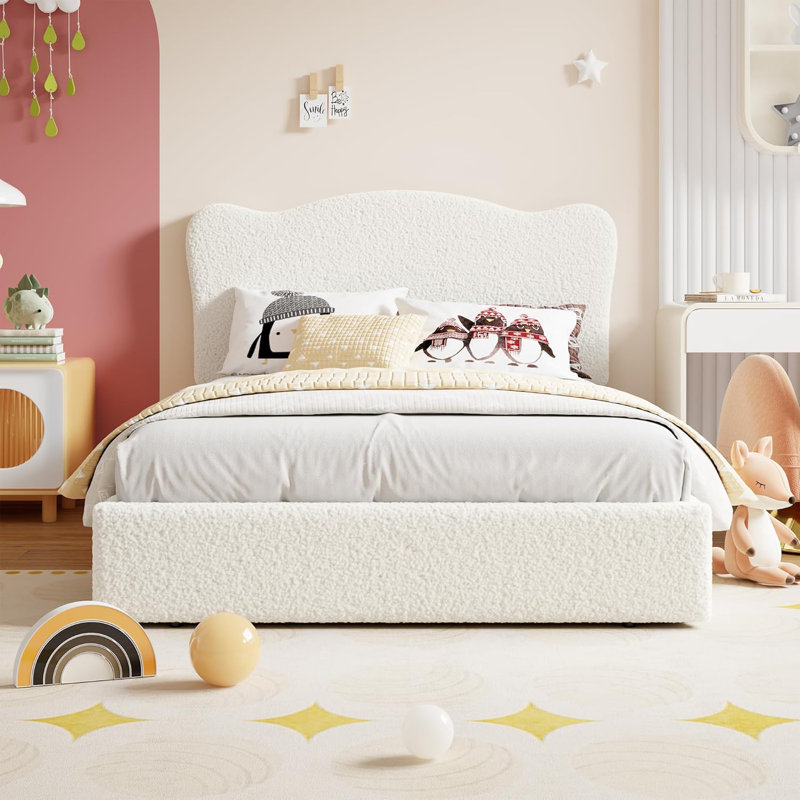 Structure de lit double tapissier pour enfants avec 2 tiroirs, lit plateforme en velours, beige, Lit double, Beige