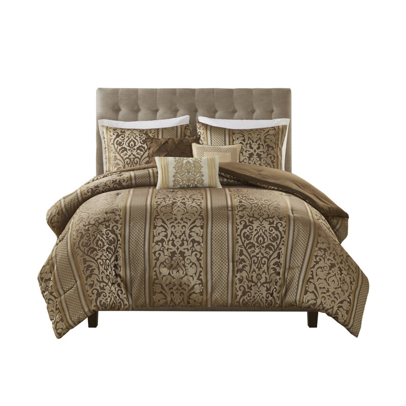 Full Brown Jacquard Microfiber Comforter Set with Throw Pillows
