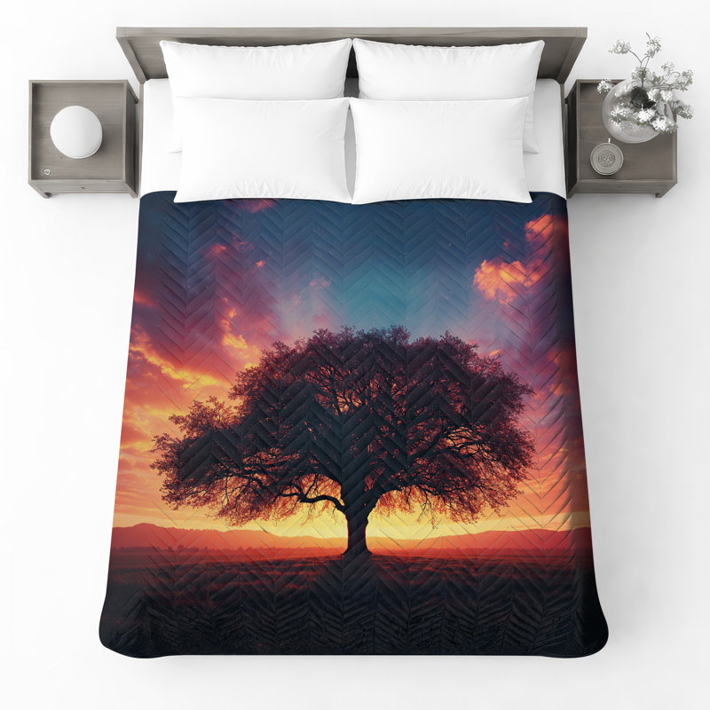 Couvre-lit matelassé Lone Tree Sunset Landscape, Grand lit