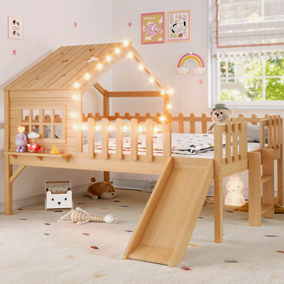 Full  Size House Loft Bed With Slide,Playhouse Bed With Star Moon-Shaped Designs And Window, Chic Design With LED Lights,No Box Spring Needed,Natural