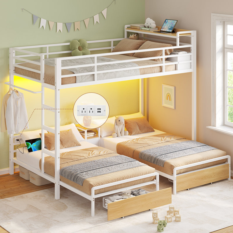 Twin Over Twin Bunk Bed With Storage Drawers And Charging Station, Bed With Led Light,Triple Metal Bunk Bed With Storage Shelves And Box,3 Beds With Guardrails And Ladder,White