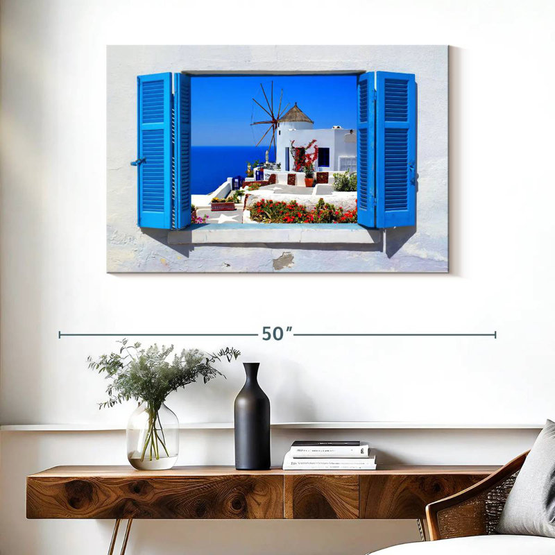 Ravi Oia Windmill Window View, 26" H x 39" W