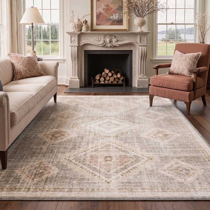 Tapis moderne géométrique ivoire/beige à poils courts, lavable et antidérapant, Rectangle 4 pi x 6 pi