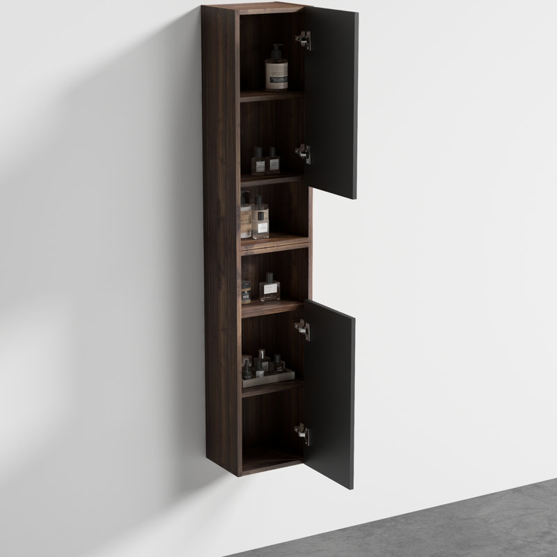 Armoire latérale Mid-Century noir et noyer pour salle de bain Cc1014s110,309, rangement de 14 pouces, textures à rayures chics, panneaux en bois massif multicouches E1-Grade ouverts, surface douce, rails, charnières