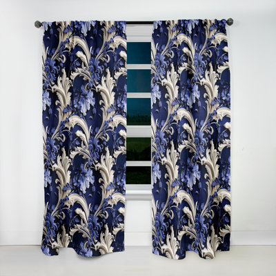 Cobalt Blue Baroque Scrolls Victorian Pattern I Velvet Blackout Single Curtain Panel