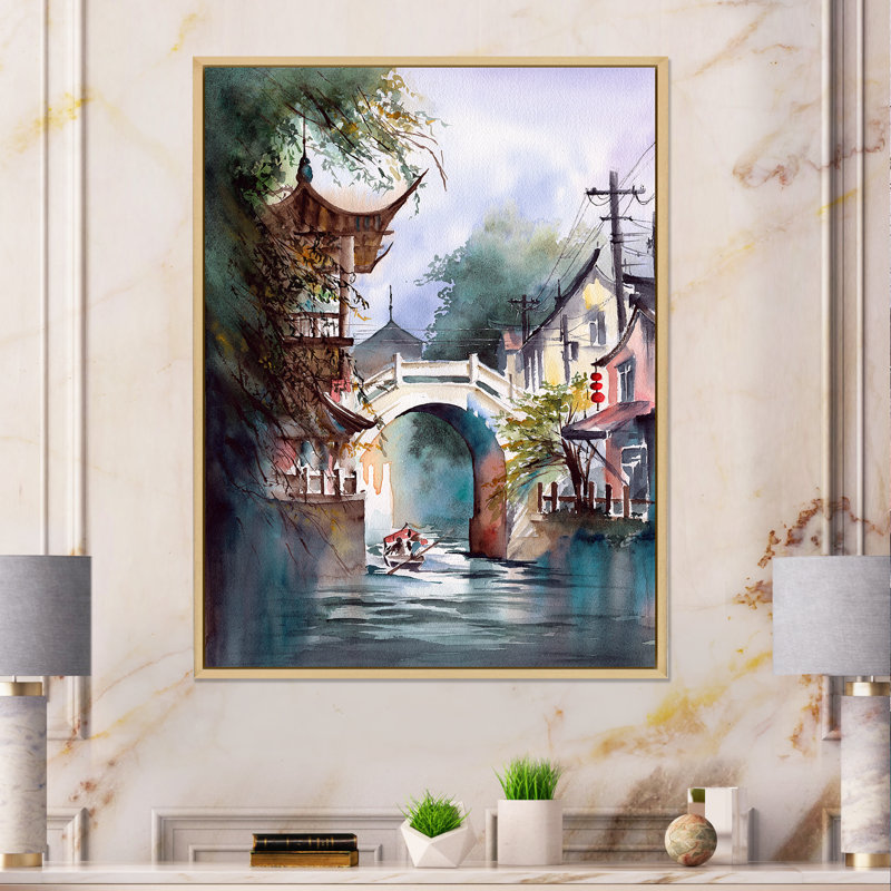 Un paysage urbain chinois avec un bateau sur la rivière - reproduction sur toile, H 20 po x l 12 po