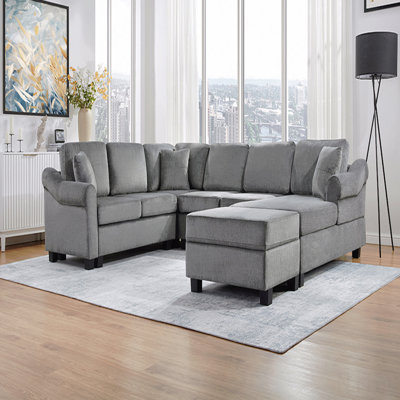 Canapé modulaire Canapé modulaire rembourré en chenille de 111,8 po avec repose-pieds de rangement mobile pour salon, gris foncé