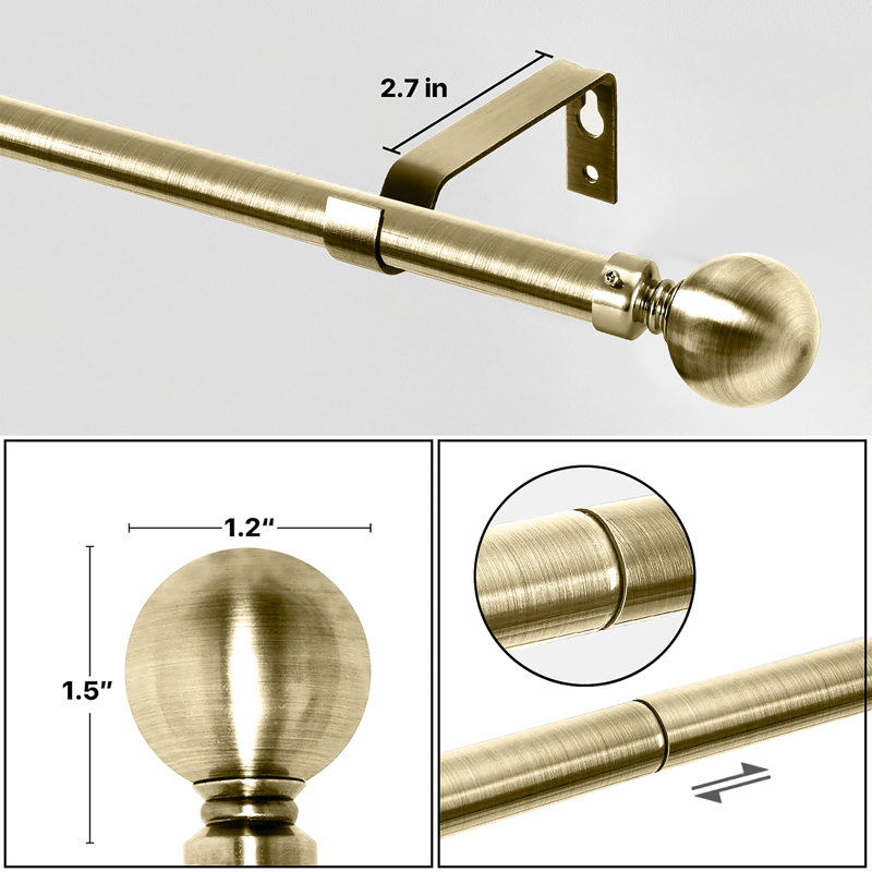 Adjustable Plain Metal Ball Curtain Rod, Antique Brass, 160-300 Cm