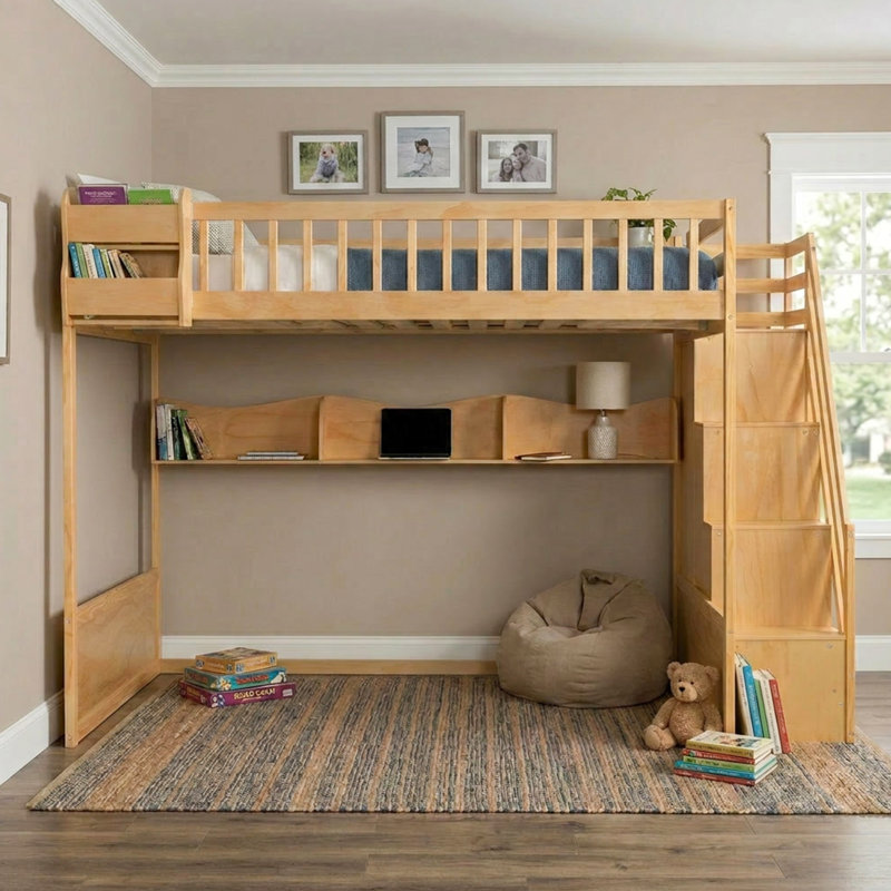 Structure de lit mezzanine en bois pour grand lit, avec espace polyvalent sous le lit, escalier, garde-robe et tablettes de rangement pour un rangement organisé, facile à assembler
