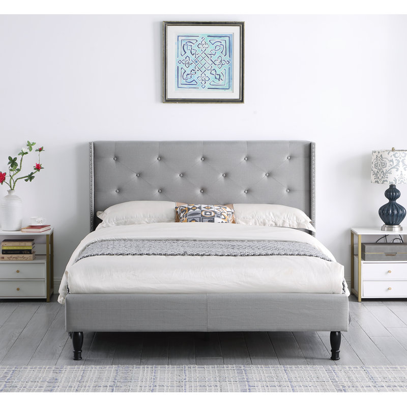 Upholstered Wingback Bed, Gray, Queen