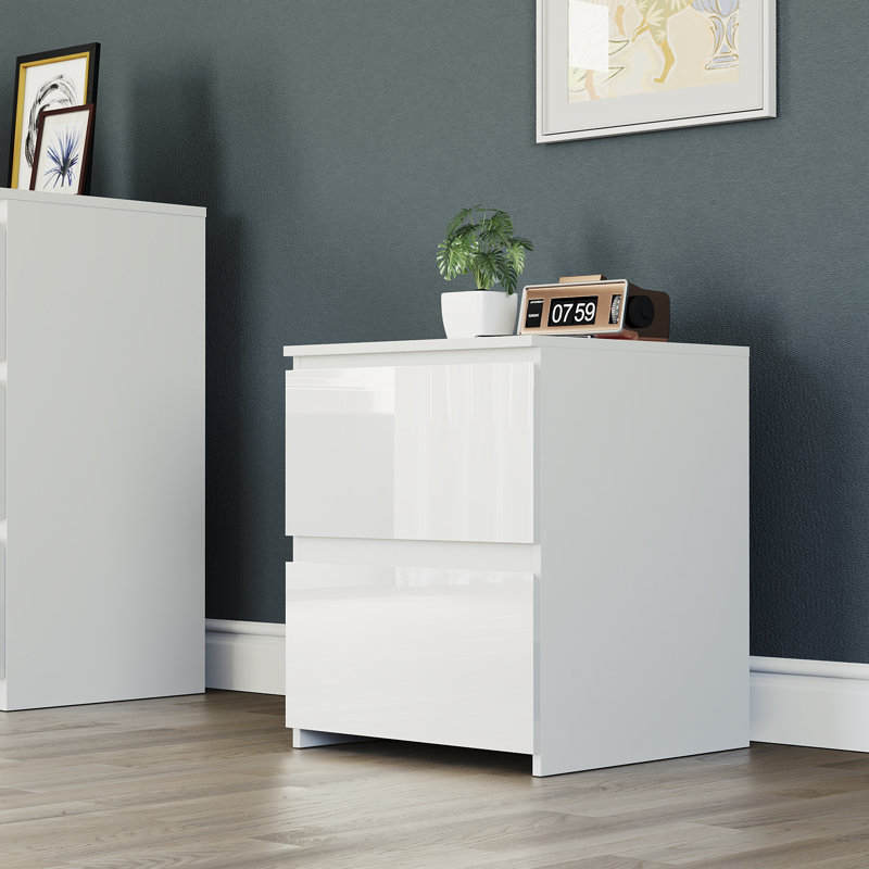Oslo 2 Drawer High Gloss Bedside Chest (FSC 100%) Bedroom Home Bedside Furniture, White