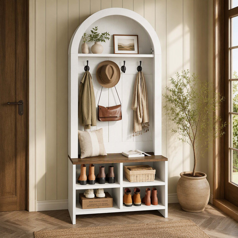 Ensemble porte-manteau arqué de 70,87 pouces, organisateur d'entrée avec banc et compartiments de rangement pour chaussures