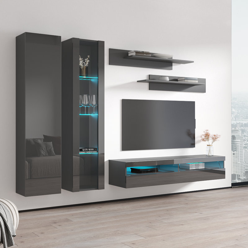 100" Modern Floating Wall Mounted Entertainment Center with 16-Color LED Lighting, High Gloss Finish, Gray