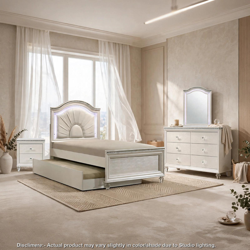Ensemble de chambre à coucher double 4 pièces avec lit gigogne Jisoo, tête de lit à DEL, blanc perle, Lit double