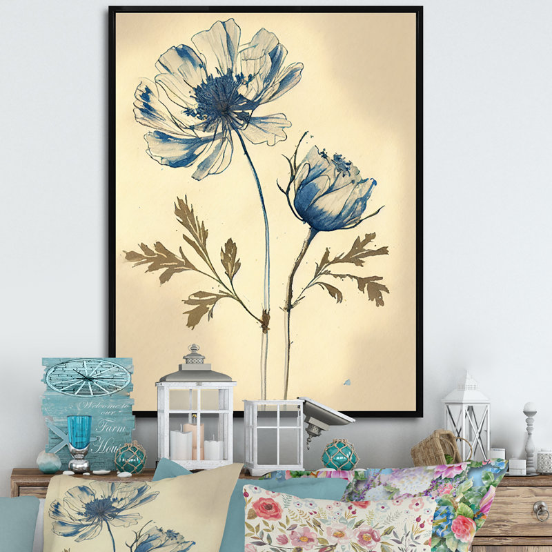 «Blue Vintage Flower Blooming V», art mural sur toile florale, H 40 po x l 30 po x P 1,5 po, Toile avec cadre flottant noir