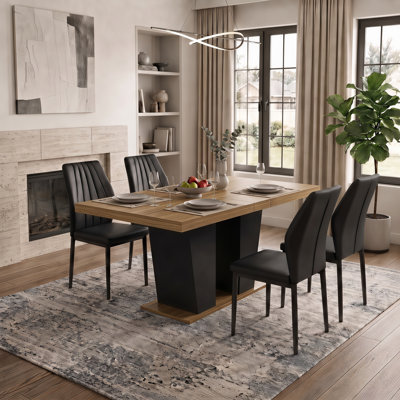 63"-79" Rectangular Extendable Dining Set With PU Leather Chairs, Seats 4-8