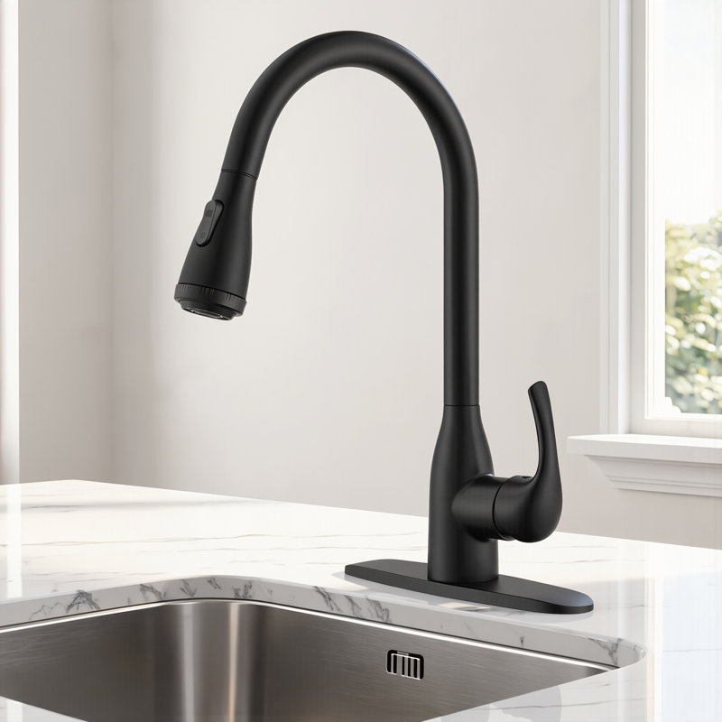 Matte Black High-Arc Kitchen Pull-Out Faucet, Single Handle, Four Water Flow Settings, Stainless Steel Body With Pull-Out Spray Head.