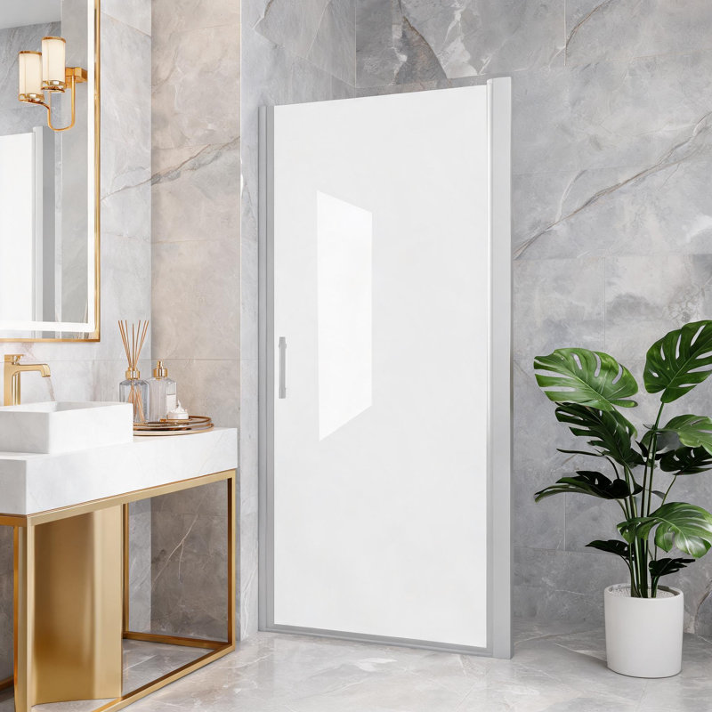 Porte de douche pivotante à demi-cadre en aluminium nickelé brossé, 61 cm x 183 cm, verre trempé de 6 mm et film anti-explosion