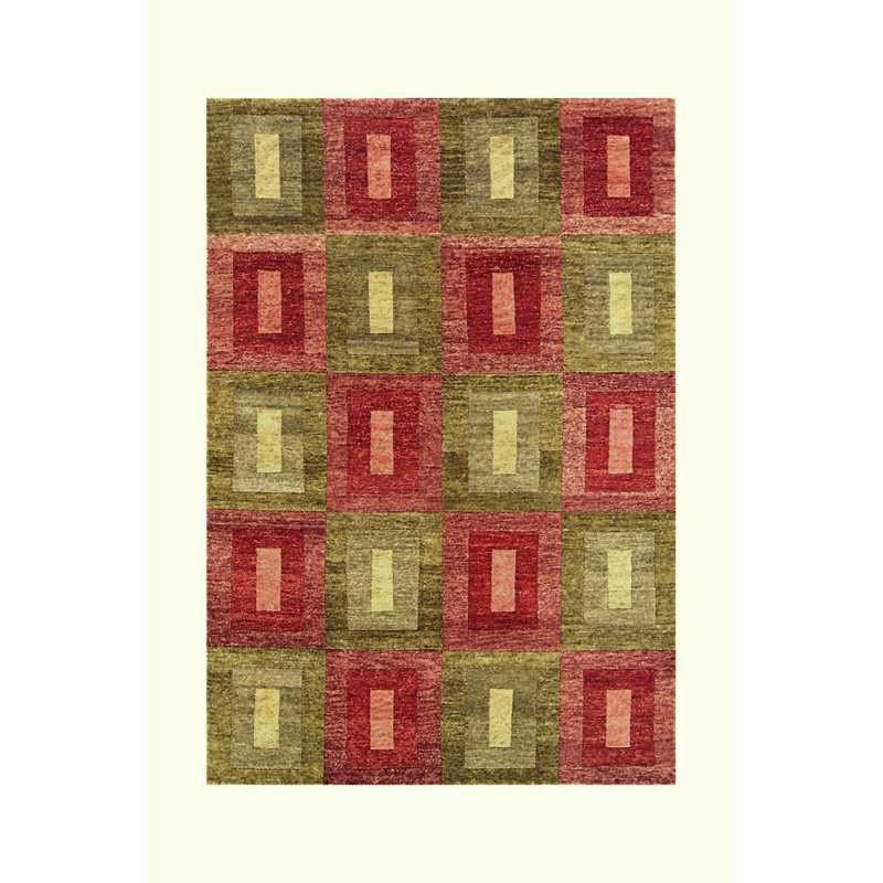 Tapis décoratif vert/rouille à motif géométrique noué à la main Holbæk, Rectangle 6 pi x 9 pi