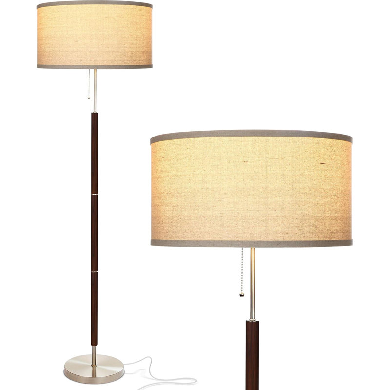 Mid-Century Modern Led Floor Lamp - Wooden Walnut Stem, Drum Linen Shade For Living Room, Bedroom