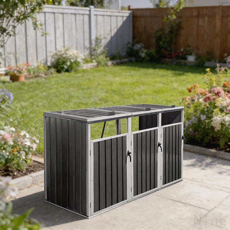 Garbage Bin Shed Stores 3 Trash Cans Metal Outdoor Bin Shed for Garbage Storage,Dark-grey