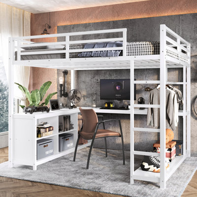 Lit mezzanine en métal avec garde-robe, bureau en forme de L et cubes de rangement pour économiser de l'espace et une vie multifonctionnelle
