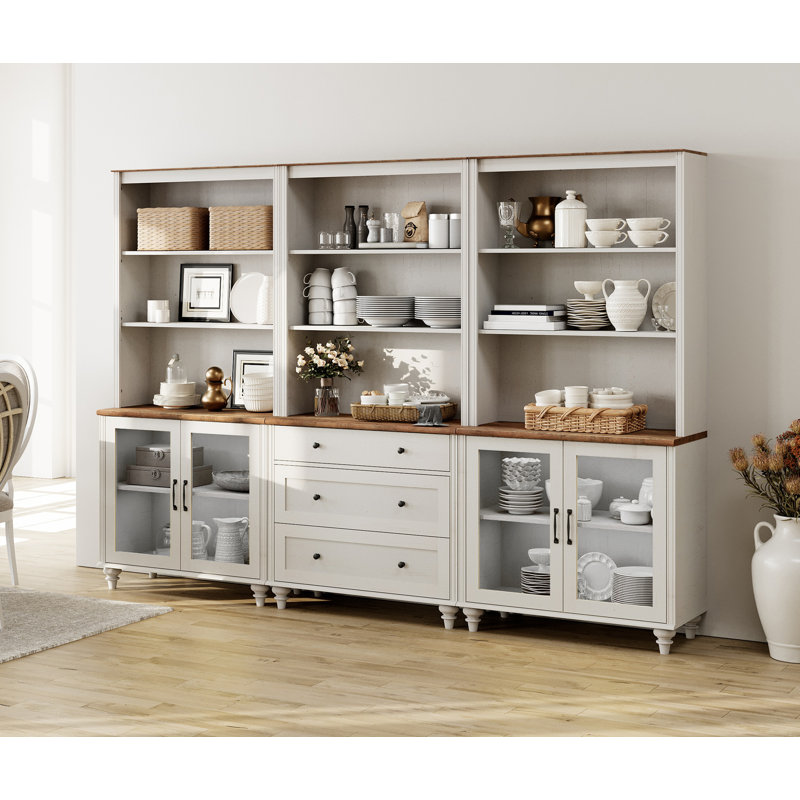 Scarlett 72.1"H X 101.6"W Bookcase With Drawers And Glass Cabinets, Tall Book Case With Open Book Shelfs, Large Wood Bookcases Farmhouse Bookshelves For Living Room Bedroom Home Office Kitchen, 72'