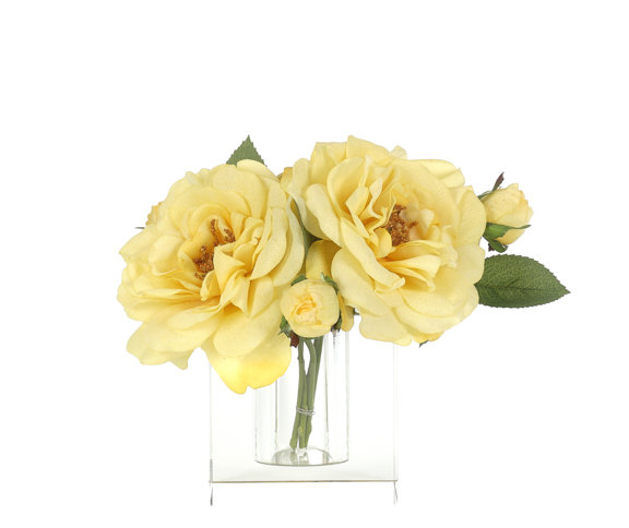 Real-Touch Rose, Yellow, Glass Vase, 8wx8dx7h