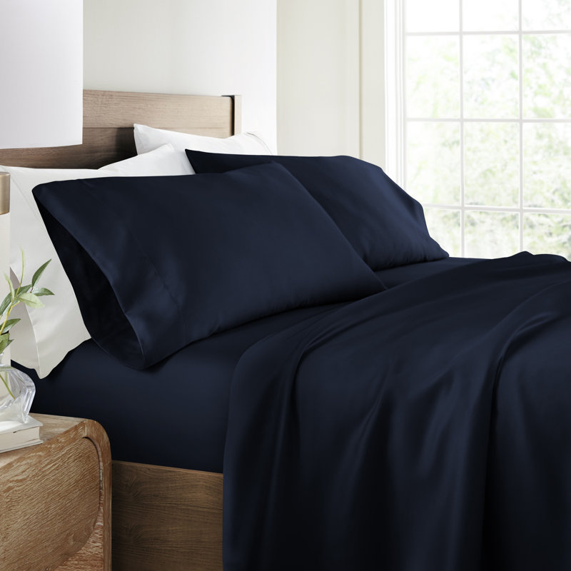 Ensemble de draps 100% rayonne de bambou soyeux, Ensemble de draps pour grand lit avec 2 taies d'or, Bleu marine
