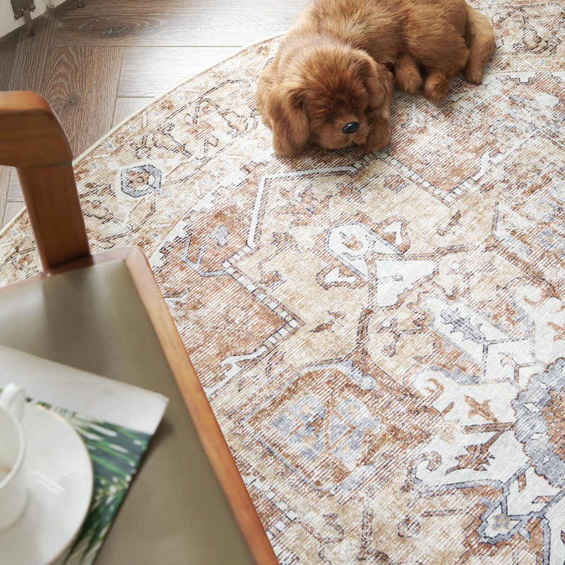 Tapis d'intérieur lavable en chenille marocain avec envers antidérapant Rens, Medallion Brick Red, Rond 5 pi