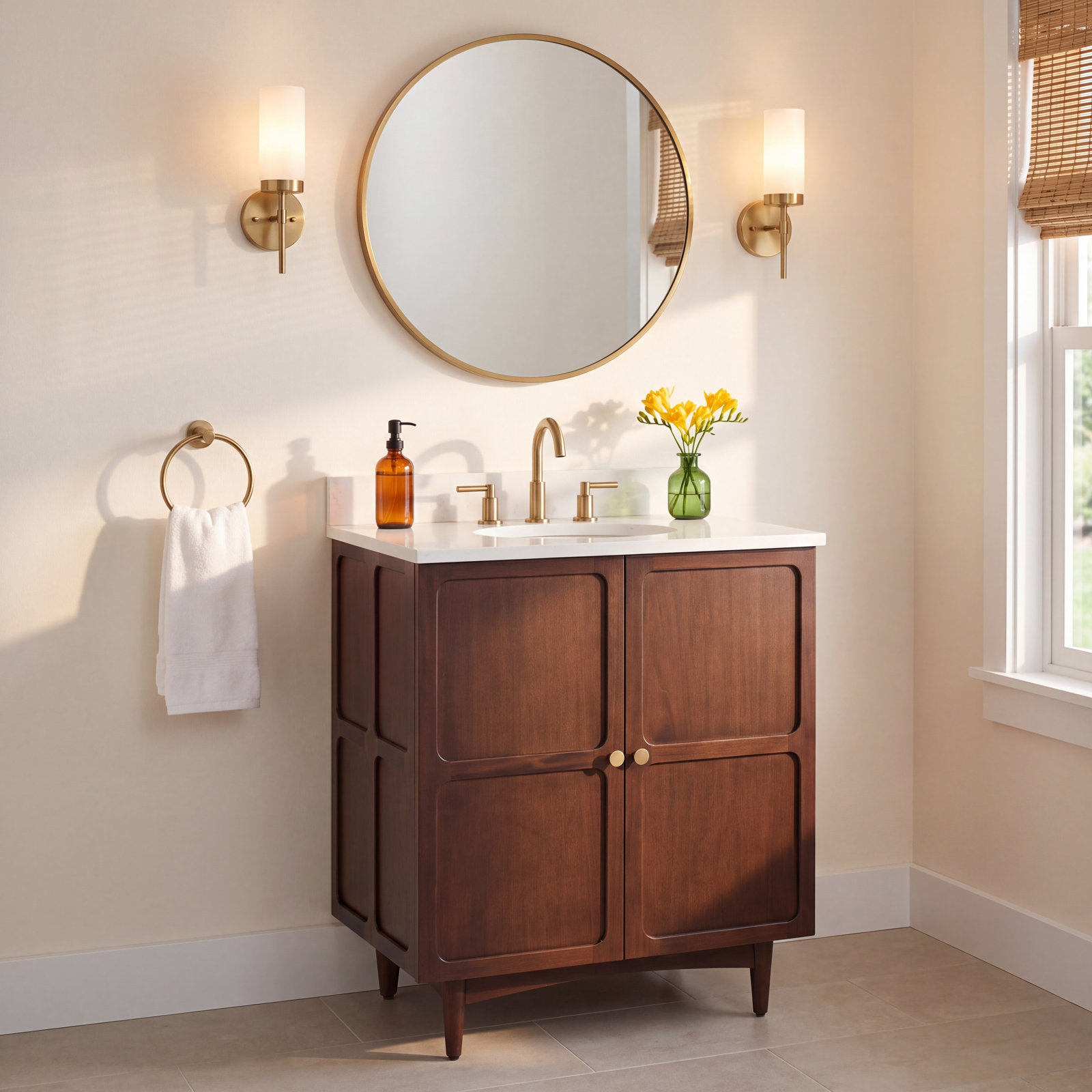 Delavan 30" Mahogany Single Bathroom Vanity, Feathered White Quartz, 8" Widespread
