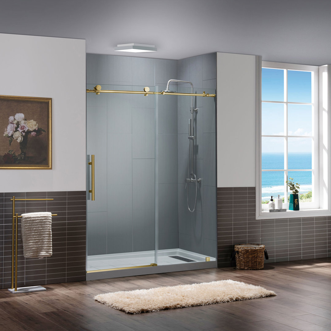 57.5-60'' W X 76'' H Single Sliding Silent-Glide Frameless Sliding Shower Door | Soft-Close, Anti-Slam Design | 3/8" Tempered Glass | Premium Stainless Steel WoodBridge