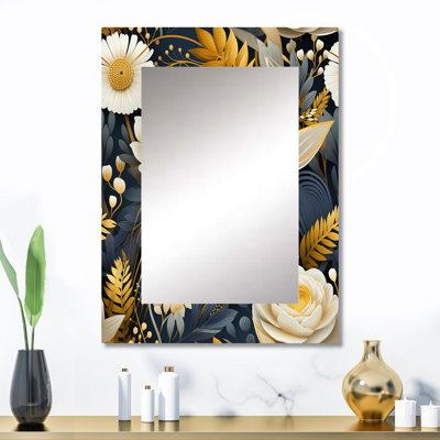 Kenniyah Enchanted Gardens, motif doré et gris - miroir mural décoratif floral, grand miroir floral, impression d'art en métal