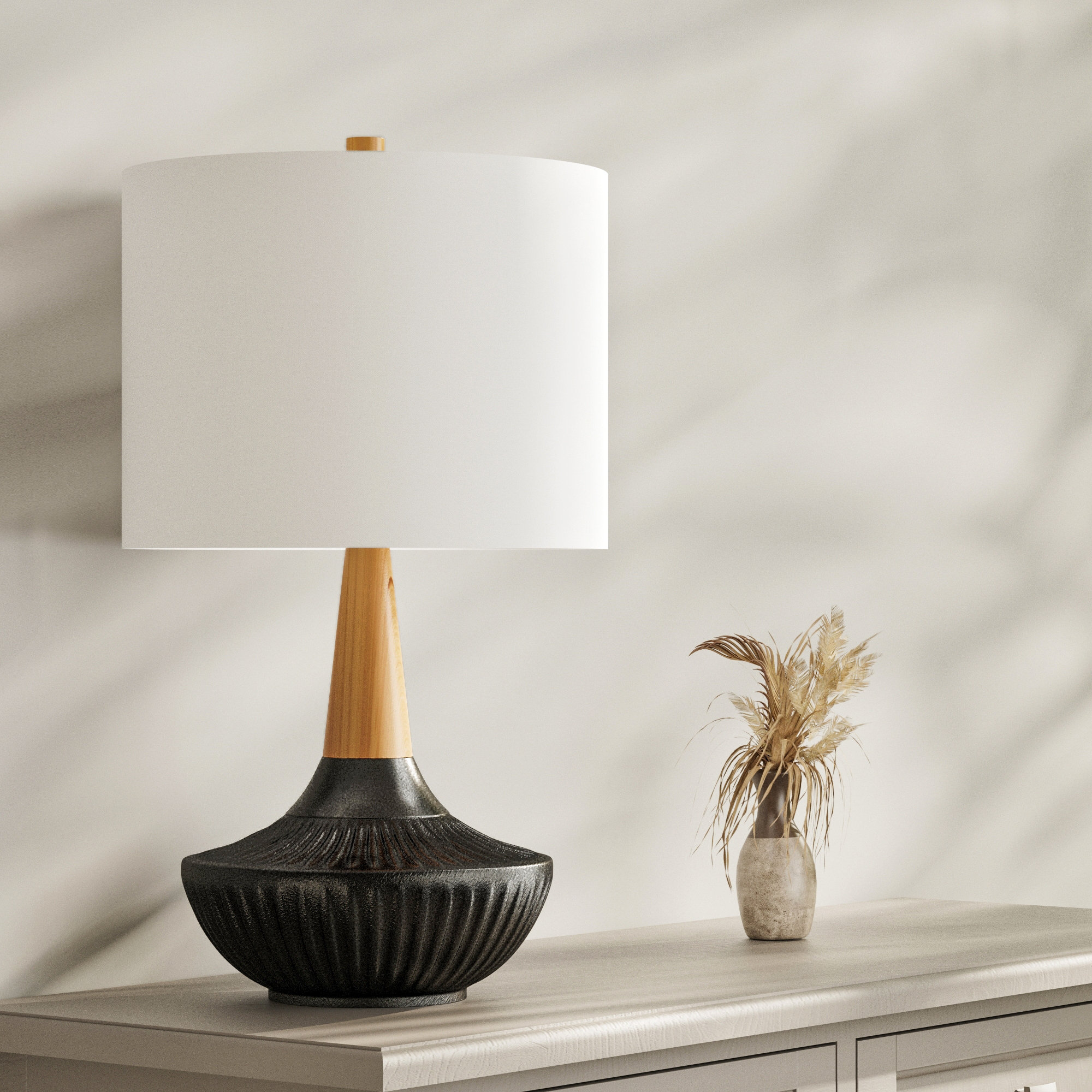 23'' Lodge Ceramic Wood Table Lamp For Living Room/bedroom, Black