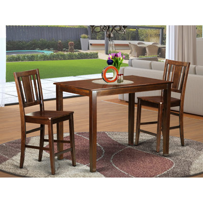 Ensemble de table de salle à manger à hauteur de comptoir 3 pièces comprenant une table de salle à manger rectangulaire et 2 chaises en bois d'acajou