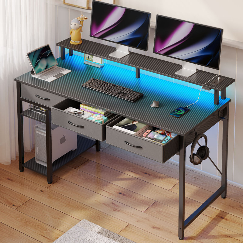 Rectangle Computer Desk with Shelves, Office Desk with Power Outlets & RGB LED Lights, Black, 30.5" H x 39.4" W x 18.9" D