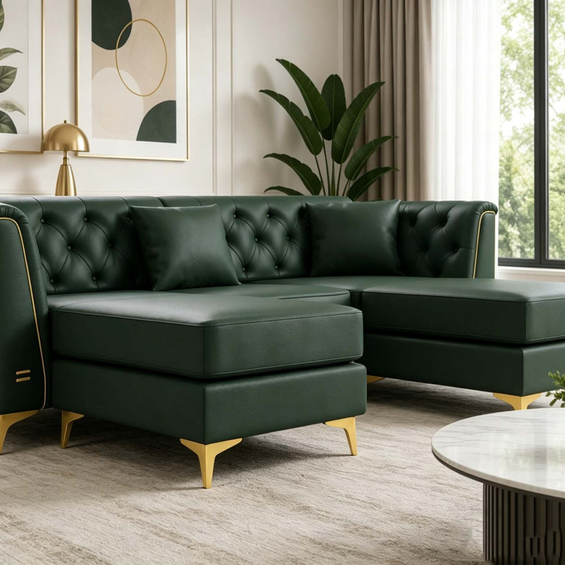 Canapé Chesterfield modulaire 3 places léger avec 2 repose-pieds, similicuir et pieds en métal Light, Similicuir vert