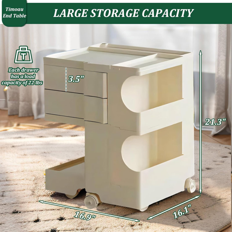 360° Rotating Movable Storage Cabinet Nightstand With 2 Slide Out Drawer, Beige